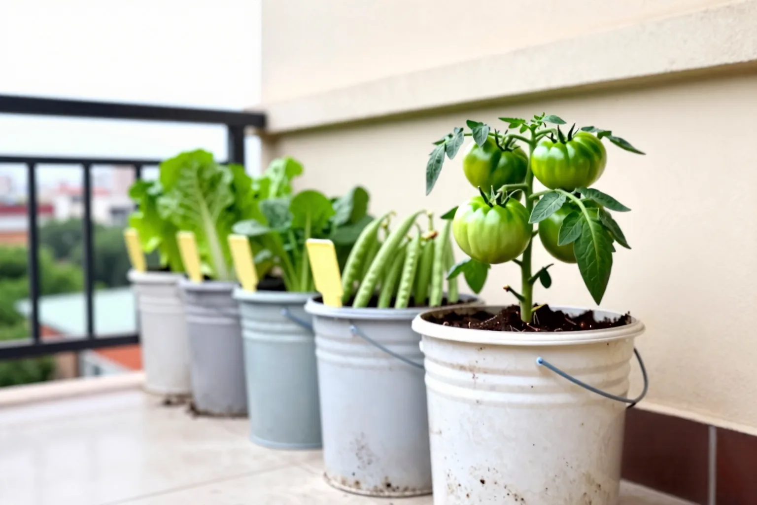 A balcony tomato plant and other vegetables grow in reused five-gallon buckets for small-space gardening.