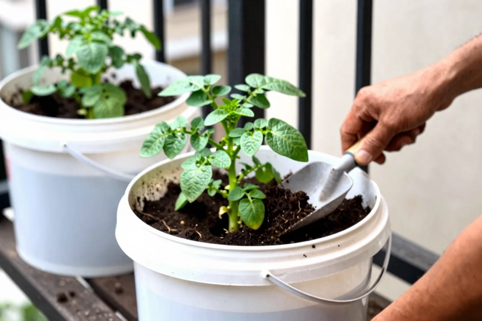 A hand adds soil around a potato plant in a bucket to show how hilling works.