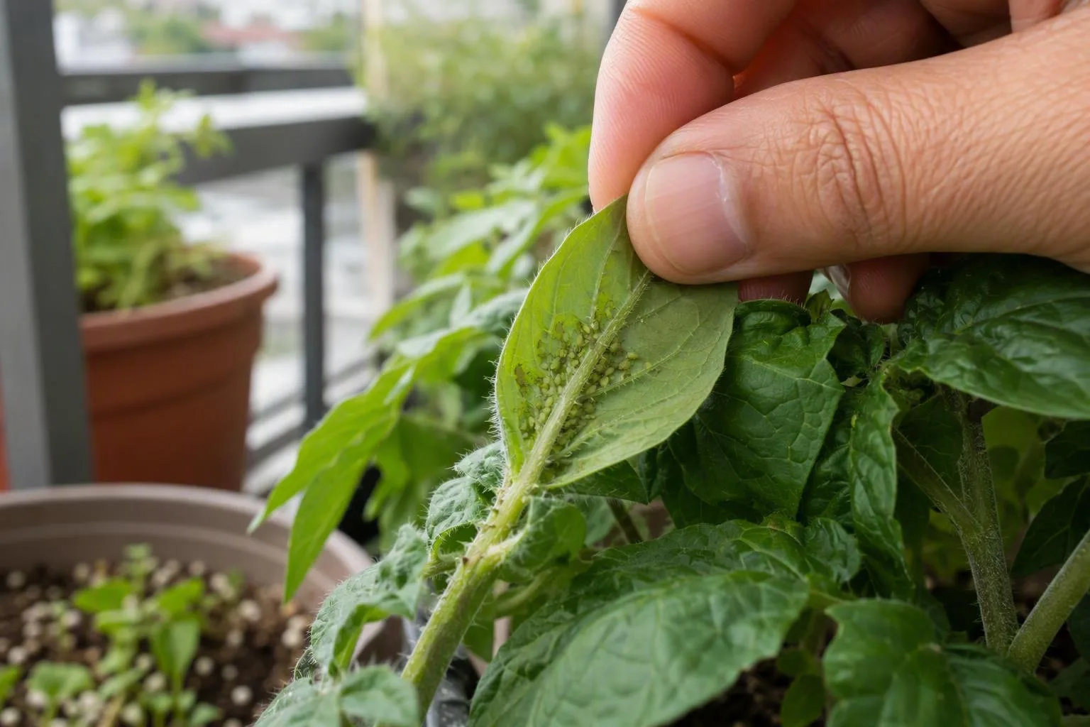 Pepper and basil pots sit on a balcony with aphids clustered on young leaves.