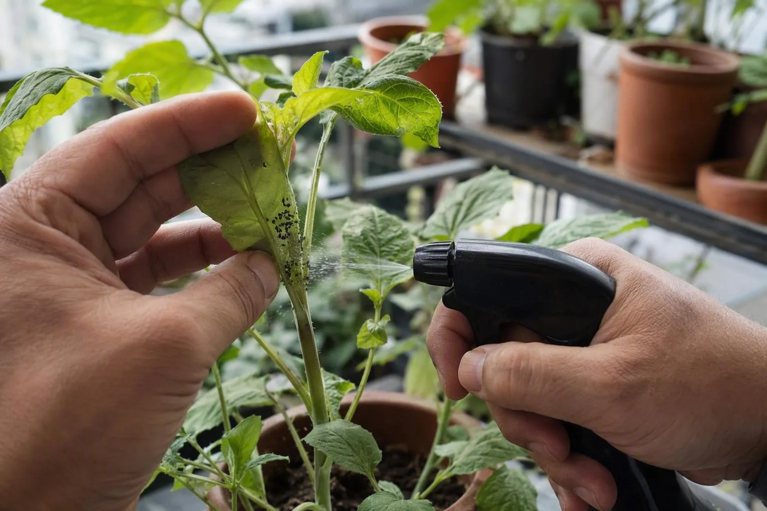 Water is directed under a curled leaf where aphids are visible on a potted plant.