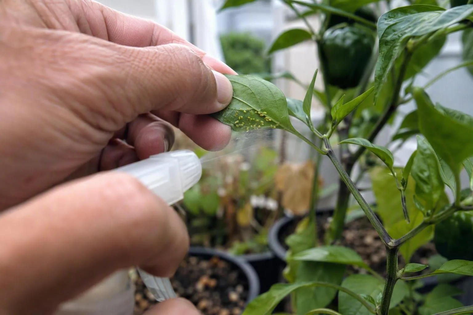 A hand sprays beneath a pepper leaf to reach a small cluster of pests.