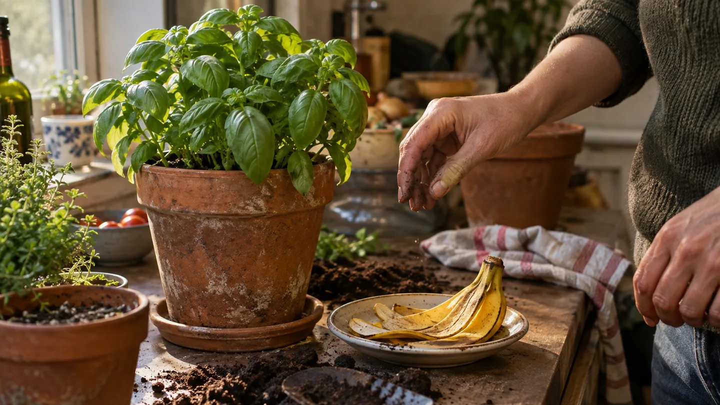 A leafy potted plant sits beside a banana peel and loose soil during a practical plant-care experiment.