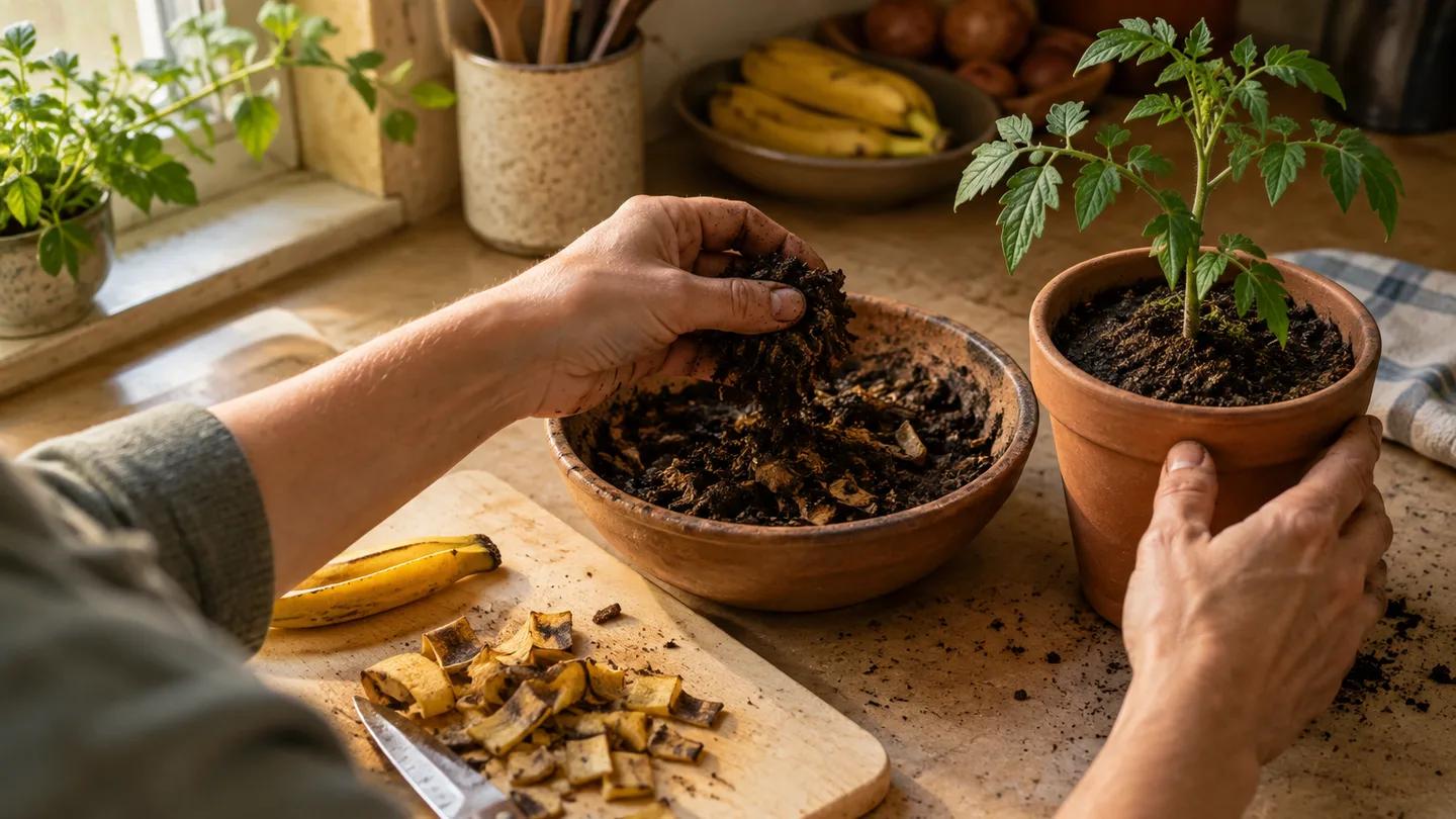 Chopped banana peel sits beside compost and potting soil, showing the path from kitchen scraps to a container garden.