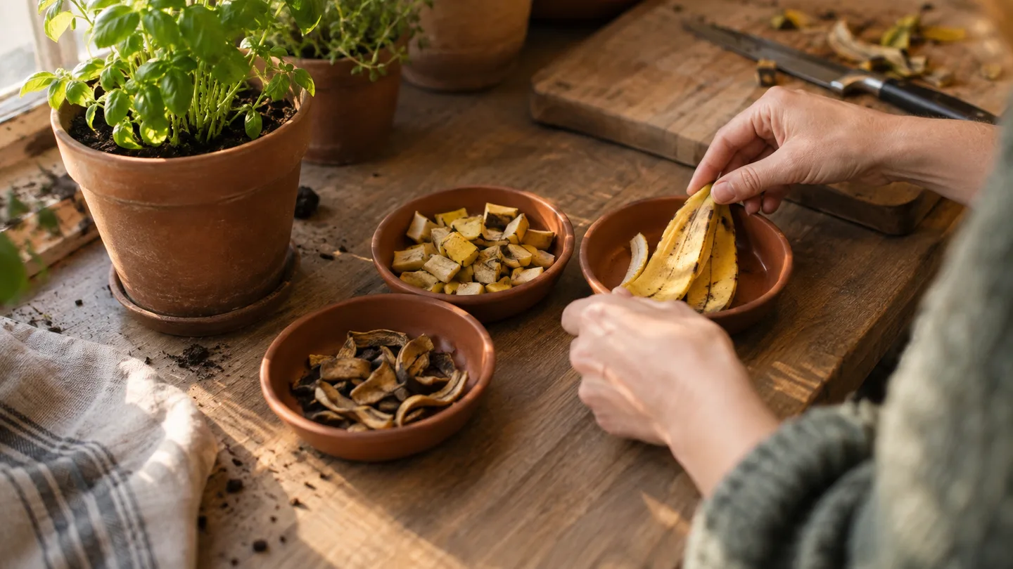 Whole, chopped, and dried peel sit beside a potted herb for a simple handling comparison.