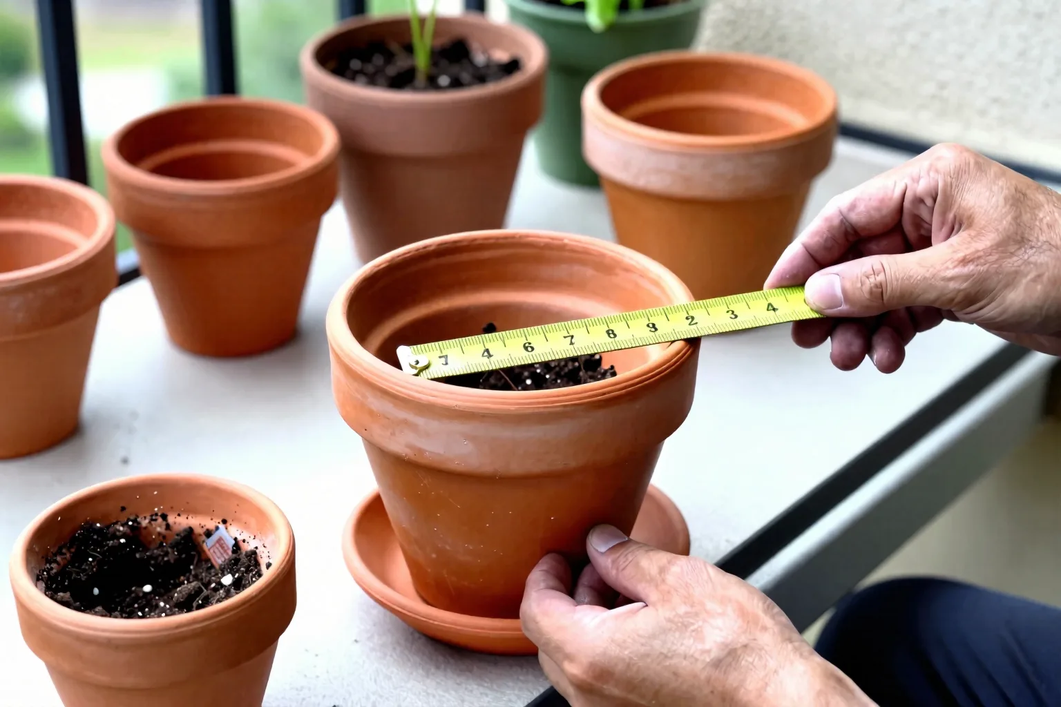 A measuring tape checks the depth of a tapered pot beside its drainage holes.
