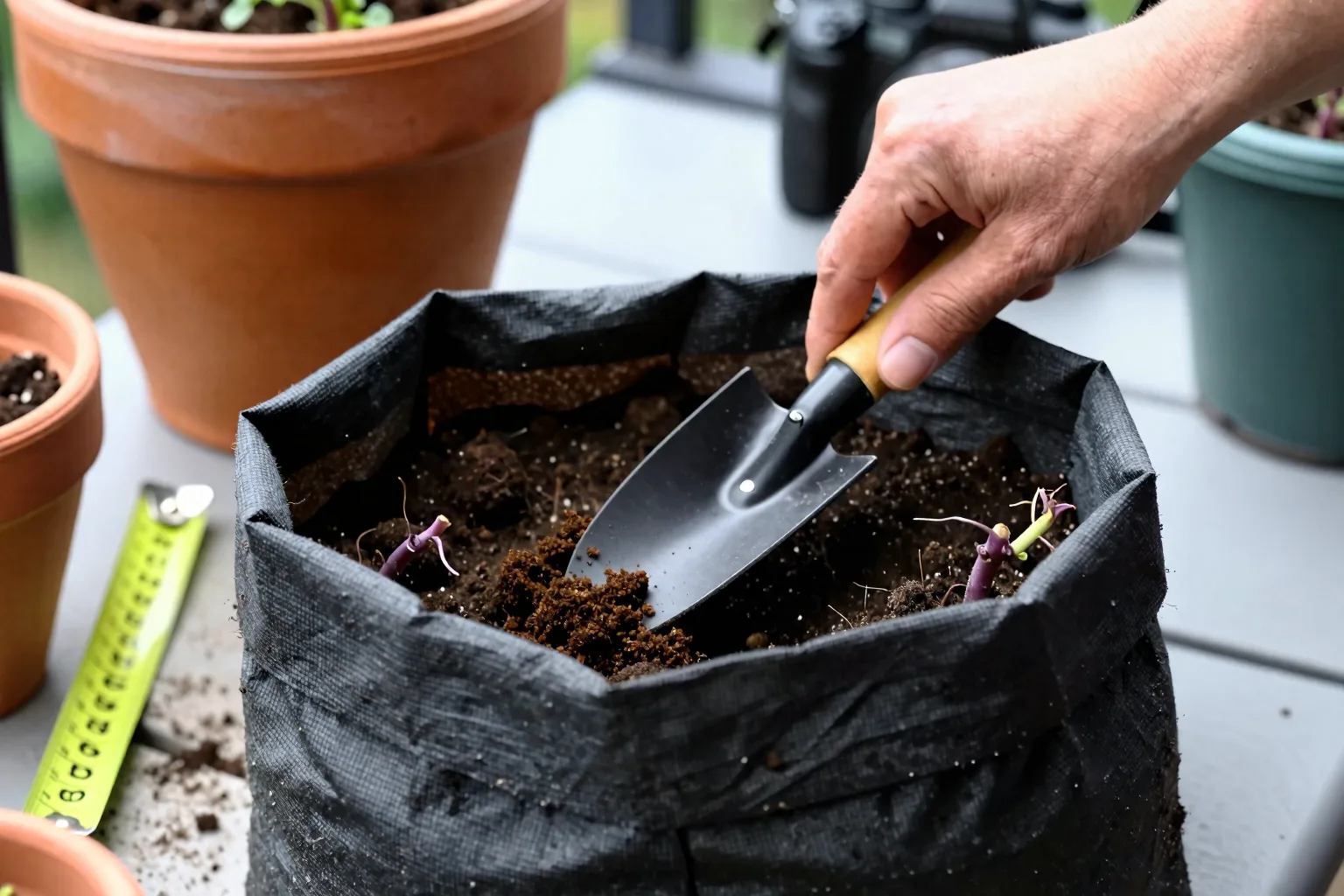 Potato stems emerge through layers of potting mix in a fabric grow bag.
