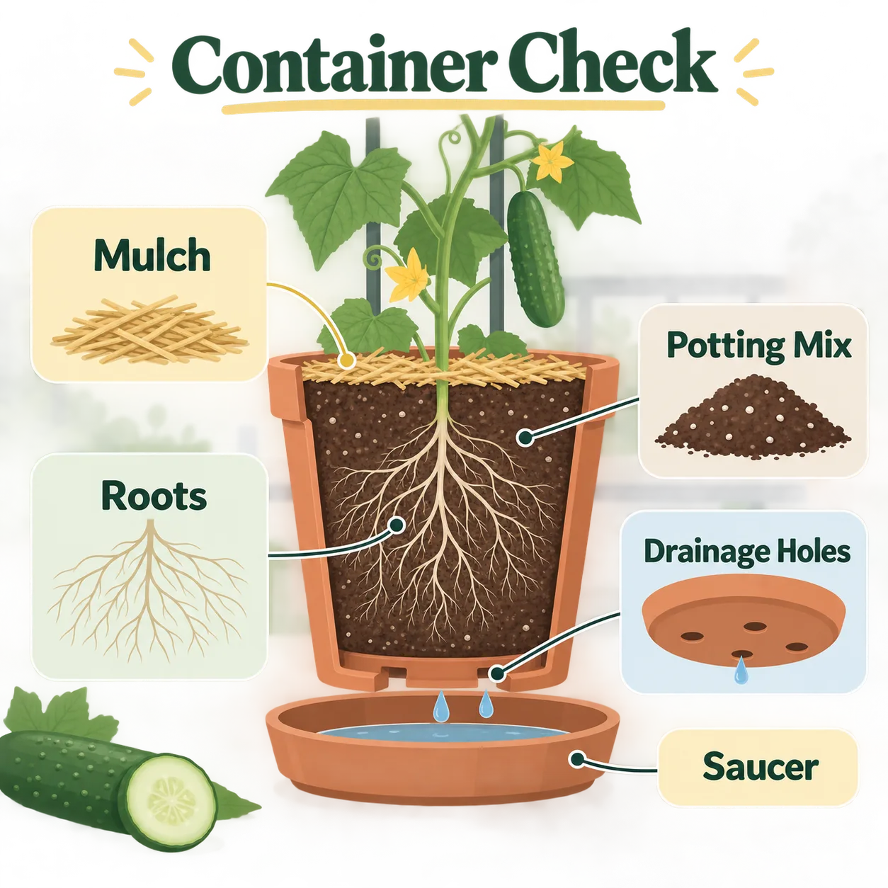 Cucumber plant growing in a large pot with mulch and a simple trellis.