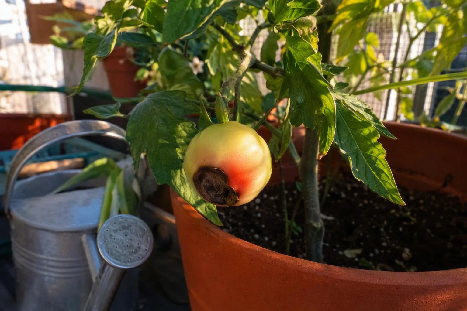A developing tomato has a sunken dark patch at its flower end beside a balcony pot.