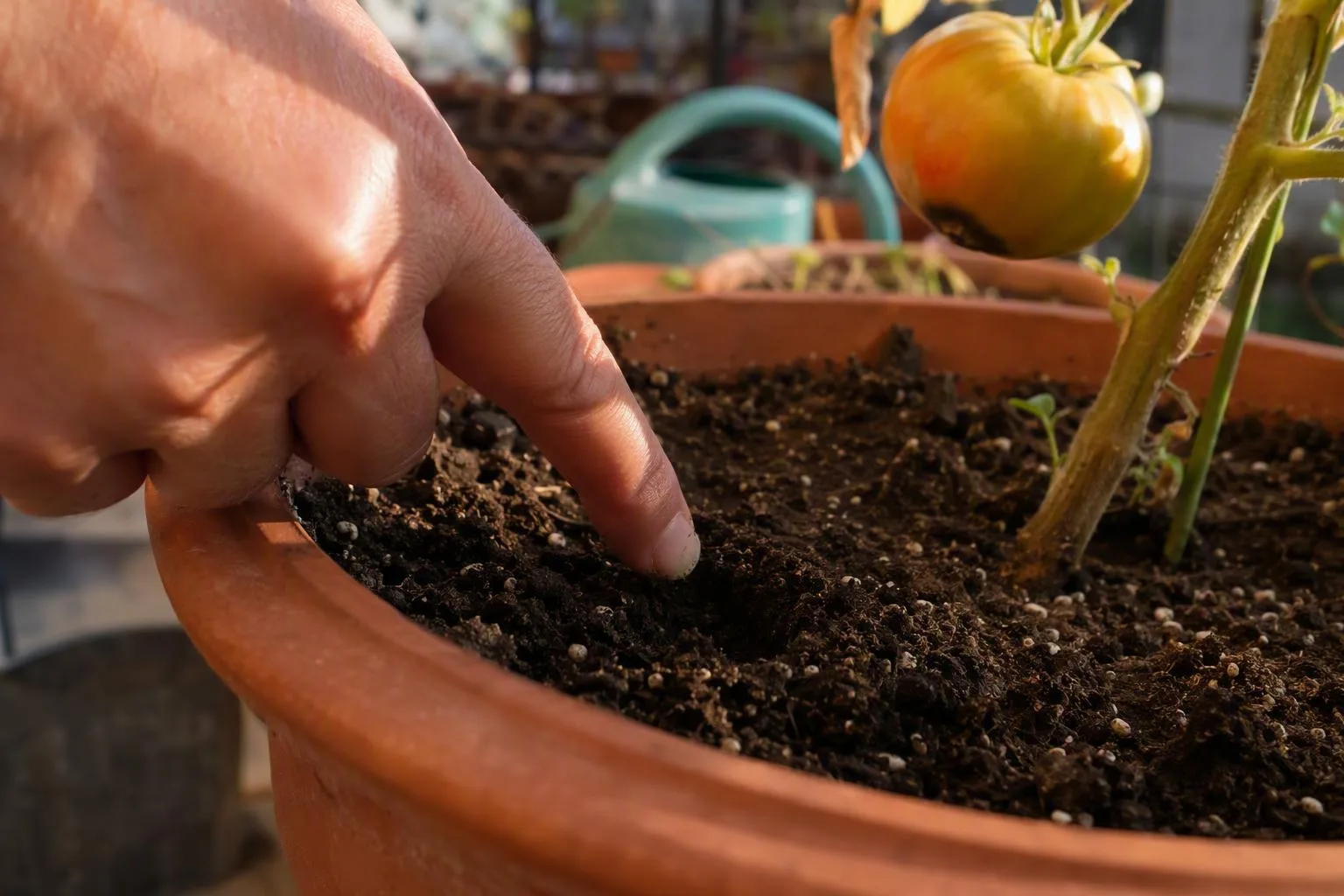 A fingertip tests the soil of a balcony tomato pot beside fruit with a darkened end.