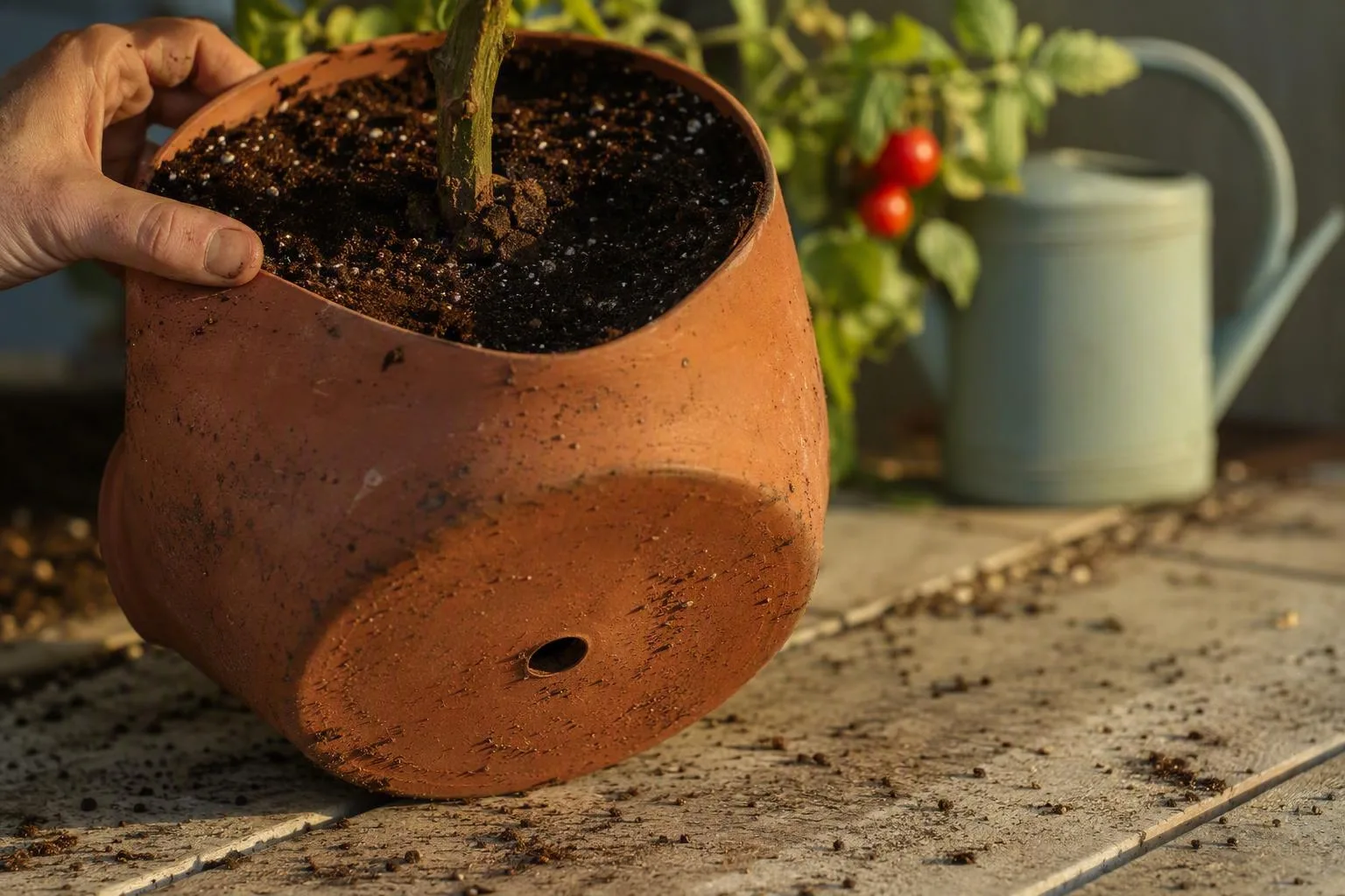 A tomato pot shows an open drainage hole and a clear gap in mulch around the plant stem.