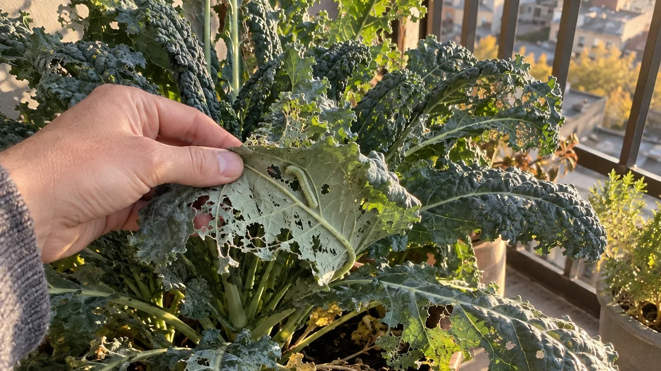 A single balcony kale pot has leaves riddled with holes and ragged edges, showing severe feeding damage.
