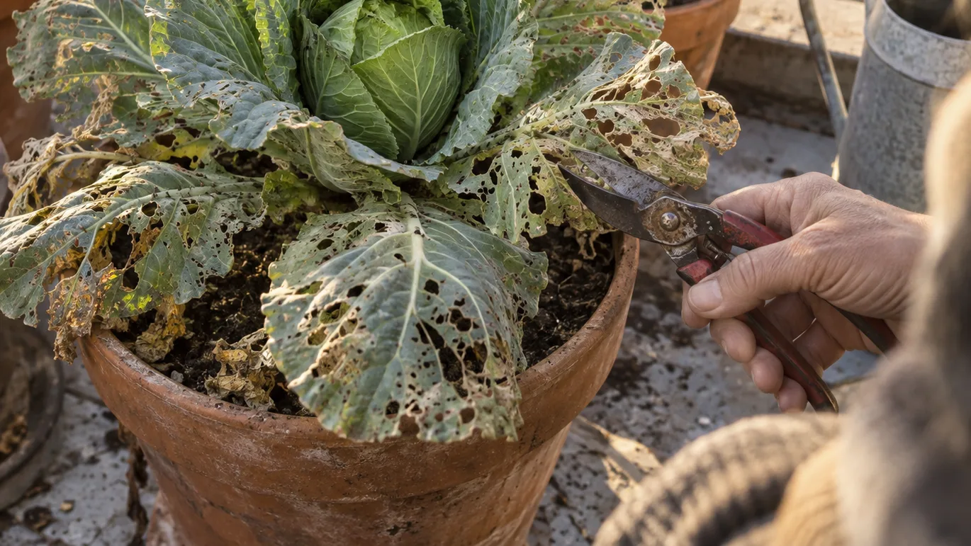 A hand compares chewed outer cabbage leaves with the healthy central growth point before pruning.