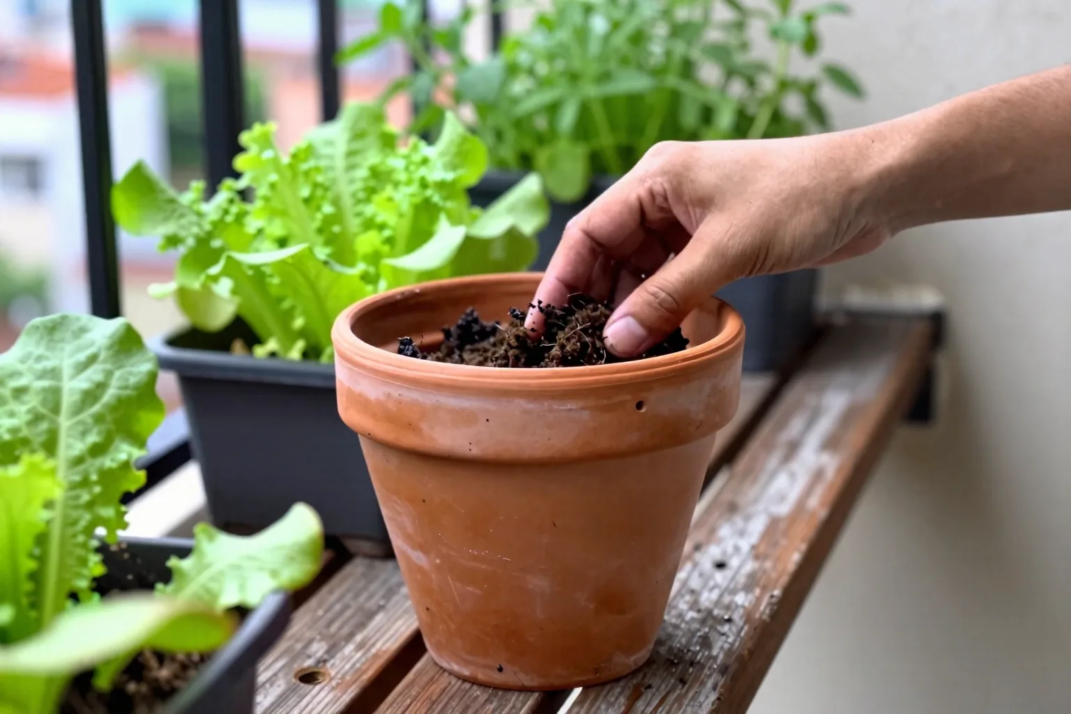 A hand checks airy potting mix in a filled one-gallon pot raised above its clear drainage hole.