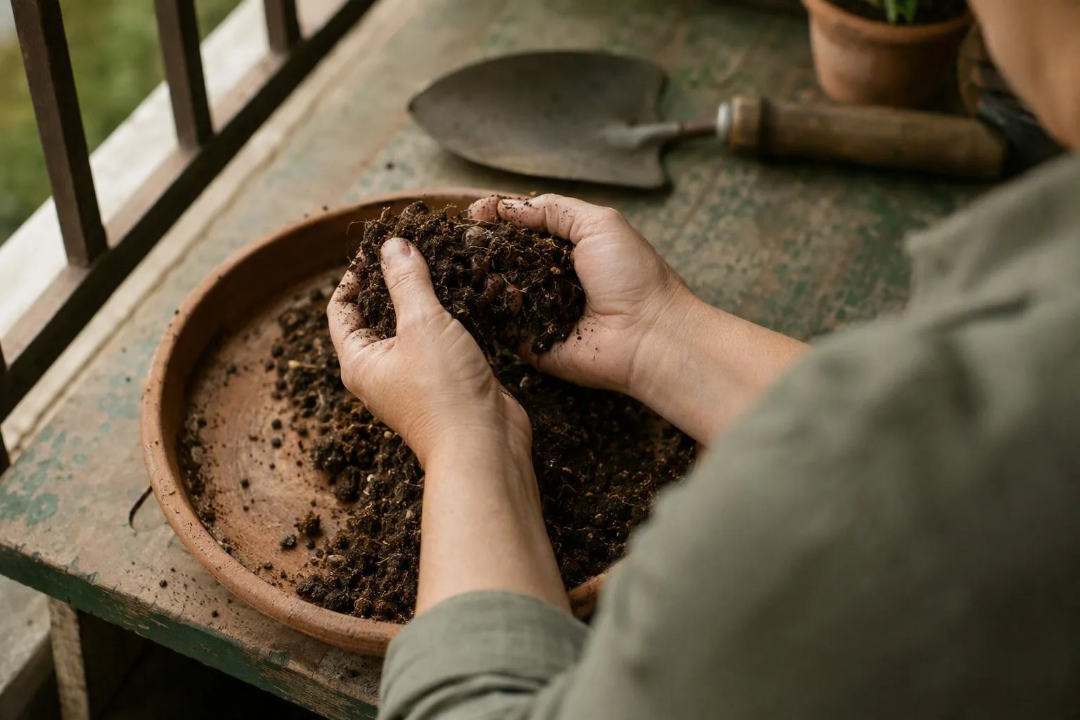 Hands squeeze reused potting mix over a tray to judge its moisture and whether it holds together.