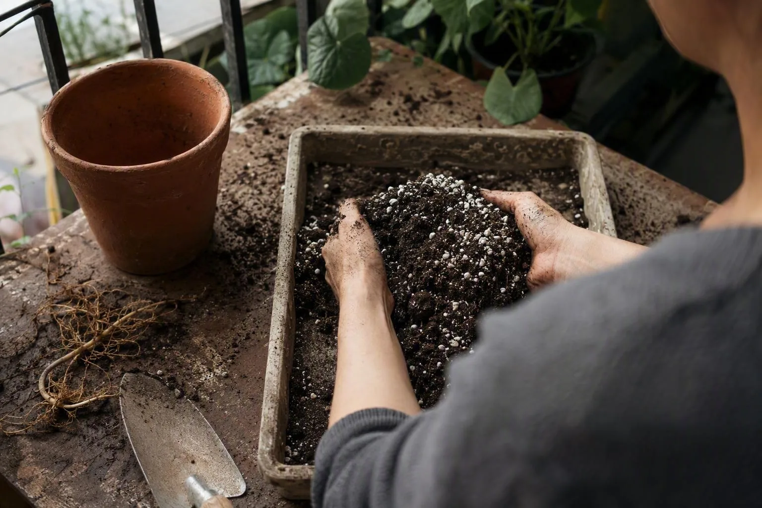 Hands mix fresh compost into used potting mix beside a clean terracotta pot for reuse.