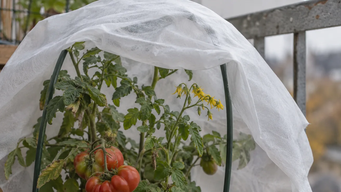 A loose fabric cover shields a potted tomato from cold wind while leaving its flower clusters clear.