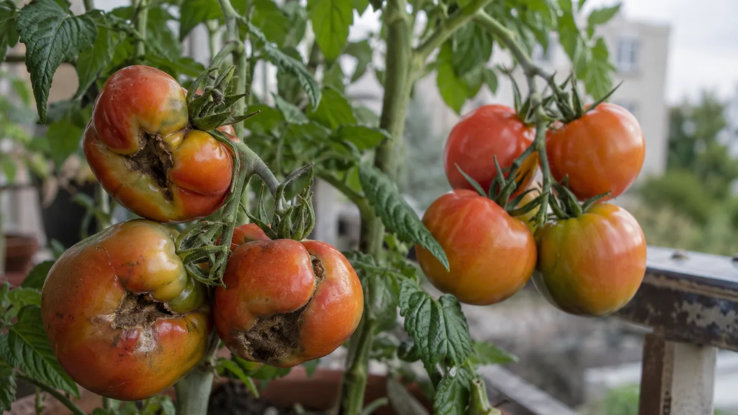 A scarred early tomato cluster sits beside a later cluster of smooth, normally shaped fruit for comparison.