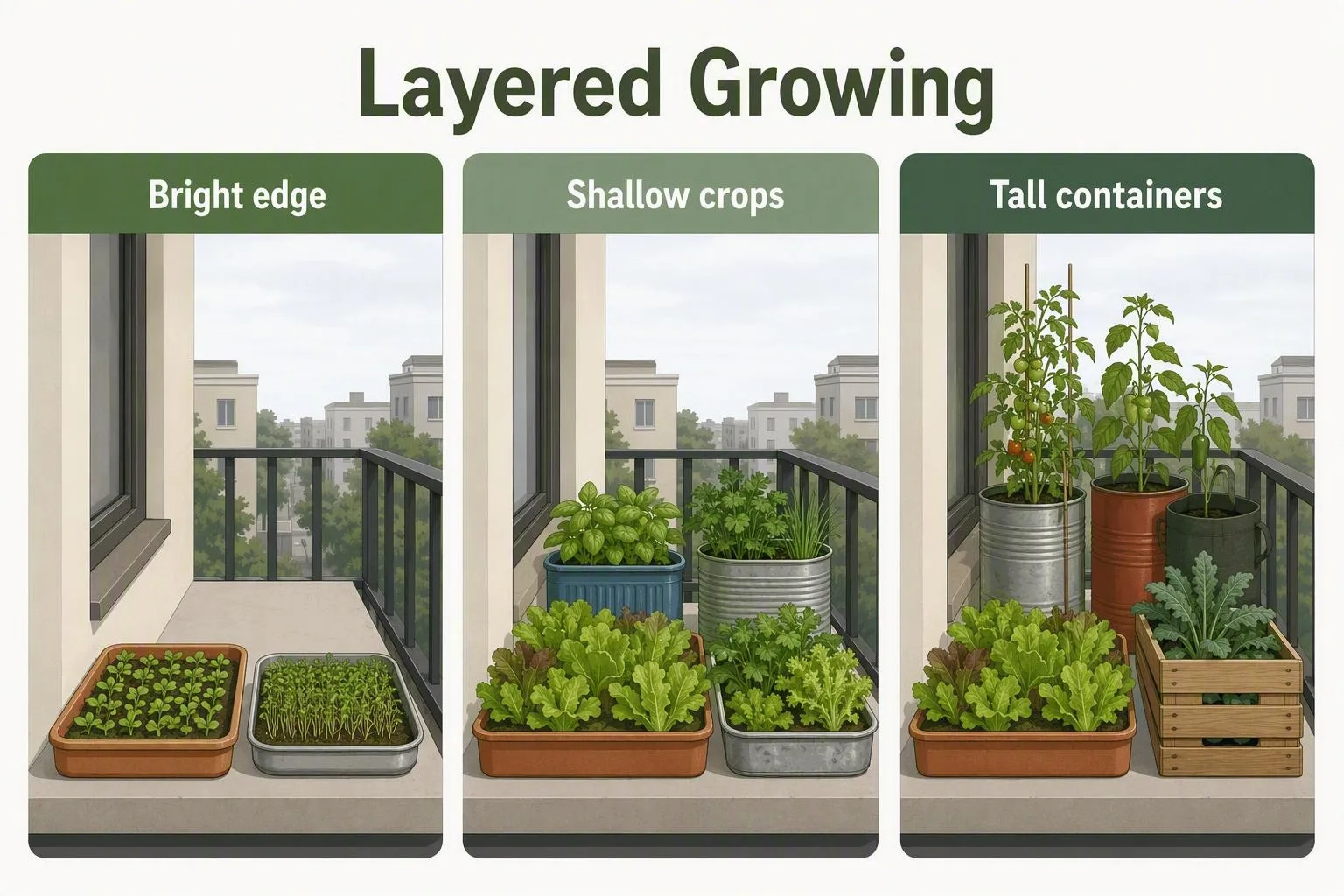 Top-down balcony layout places shallow greens at the bright edge and taller pots behind.