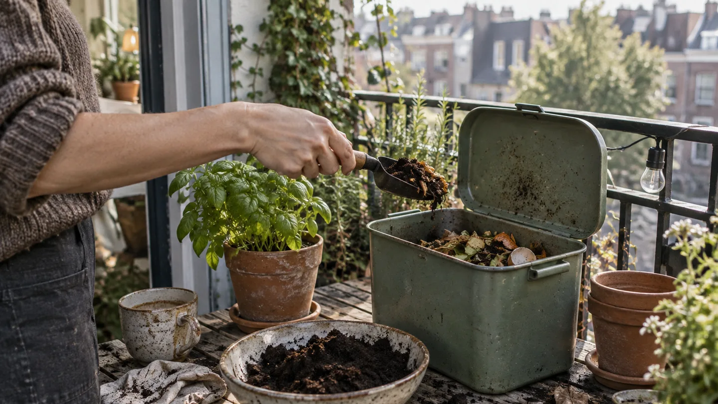 Spent coffee grounds sit beside a thriving balcony herb and a compost caddy, showing a practical next step.
