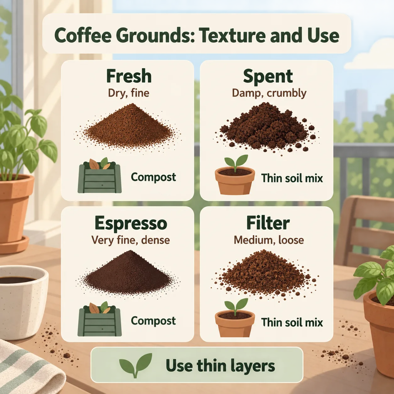 A four-card chart helps gardeners choose where different coffee grounds belong.