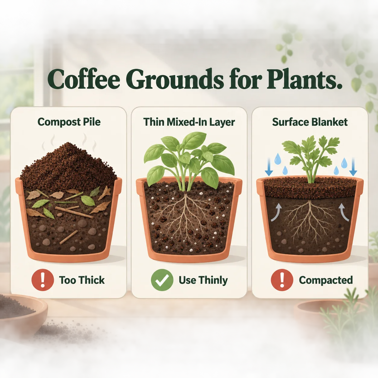 Three soil cross-sections compare coffee grounds piled, mixed thinly, and spread as a compacted surface.