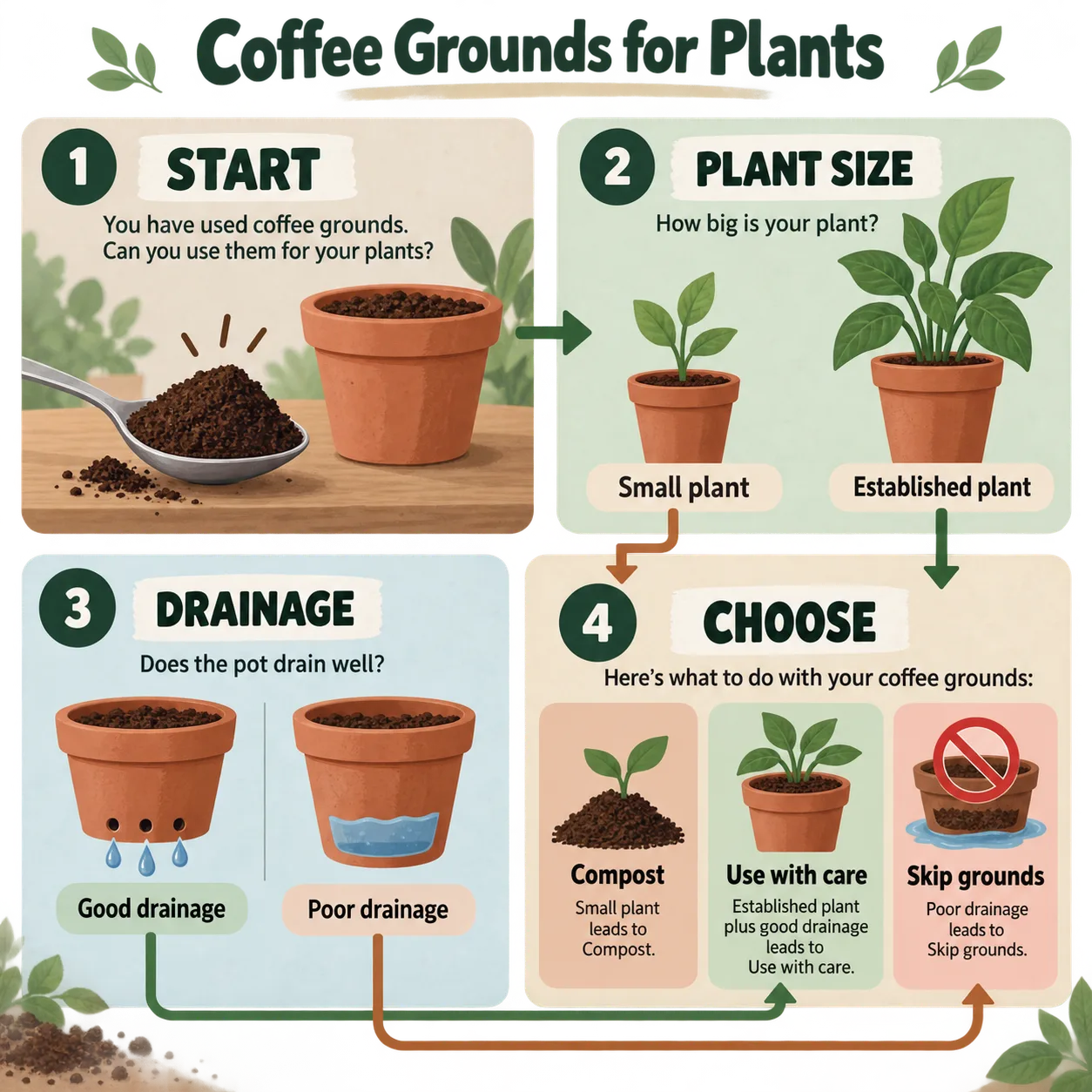 A balcony flowchart helps gardeners choose composting, careful use, or skipping grounds based on plant size and drainage.