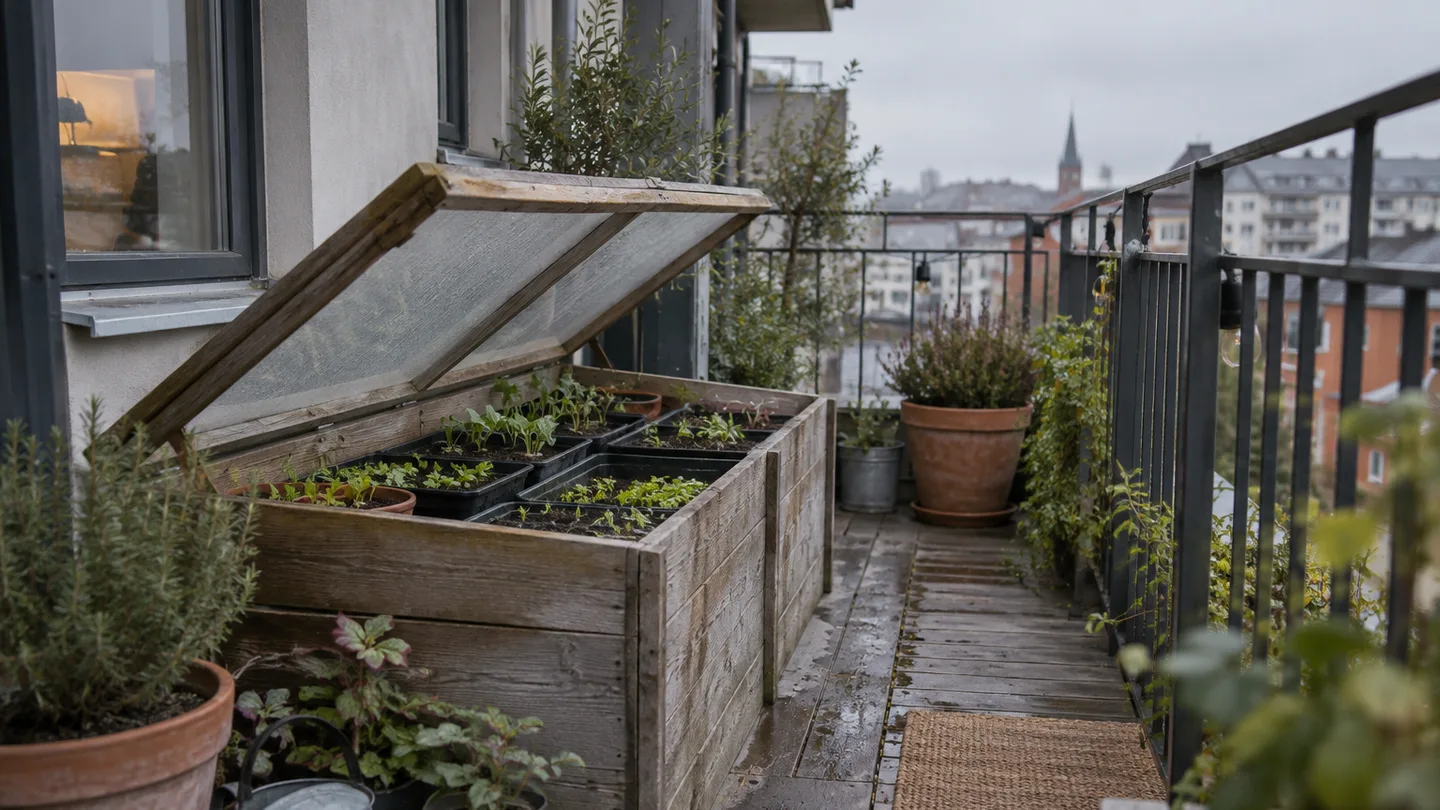 A low wooden cold frame sits beside the narrow walking path on a small city balcony.