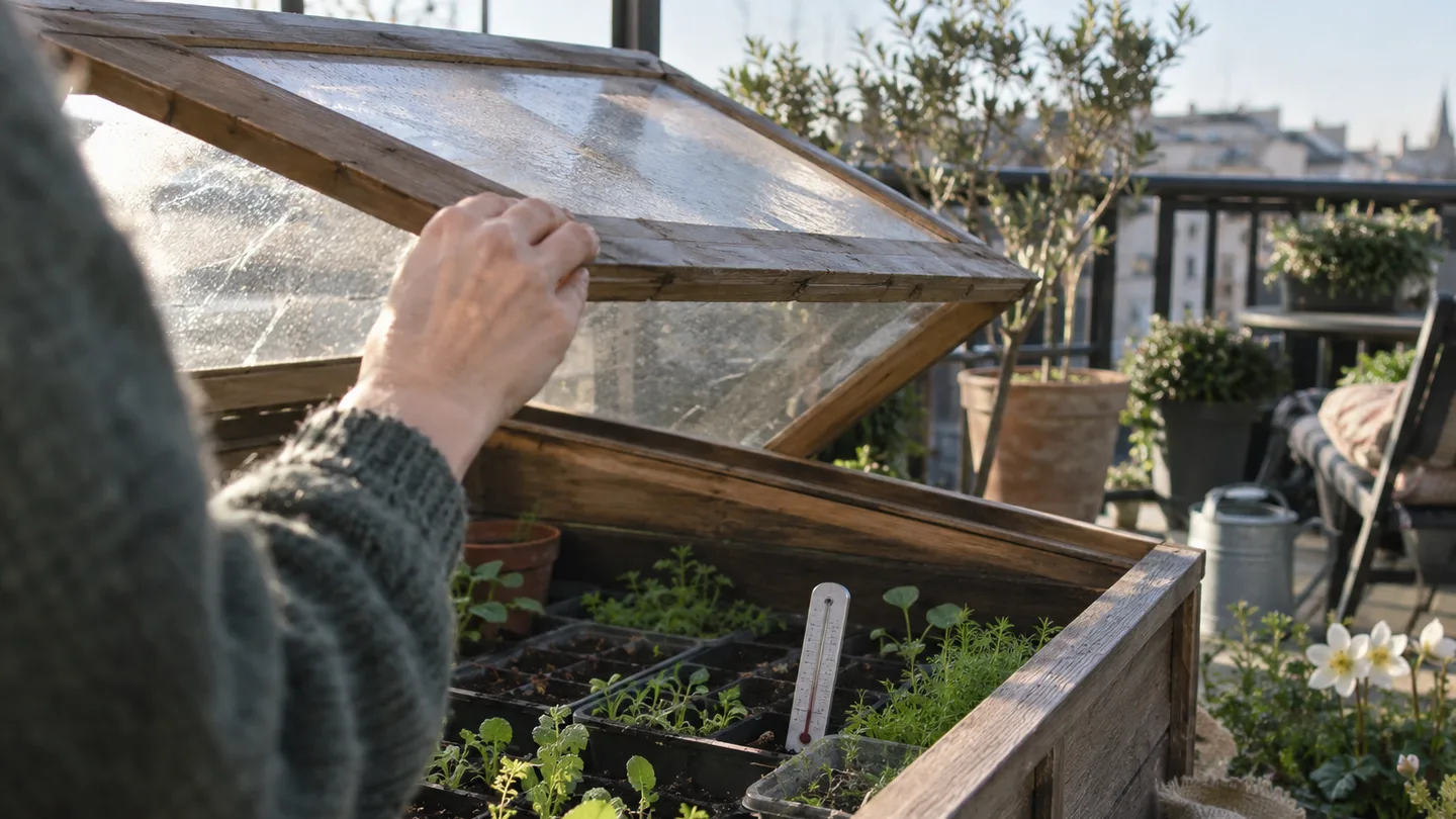 A hand opens the cold-frame lid beside a thermometer to check whether the seedlings are warm enough.