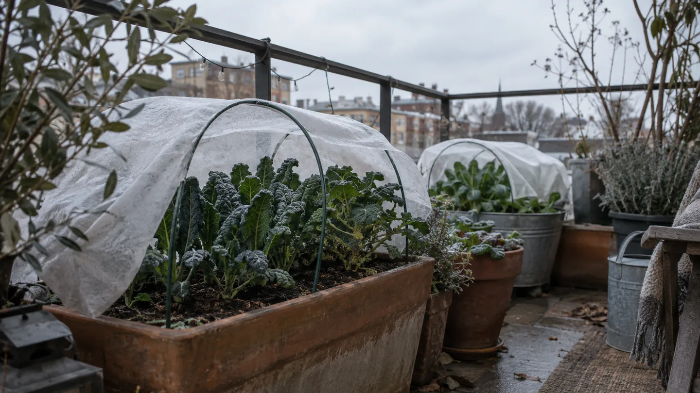 Frost fabric arches over potted kale, leaving space to protect the leaves on a cold balcony.