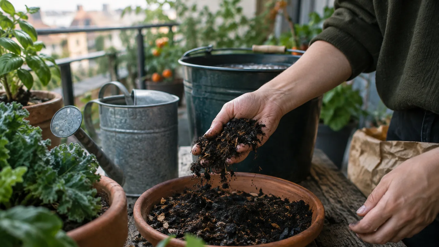 A hand crumbles dark finished compost beside a bucket and leafy plants before compost tea is brewed.