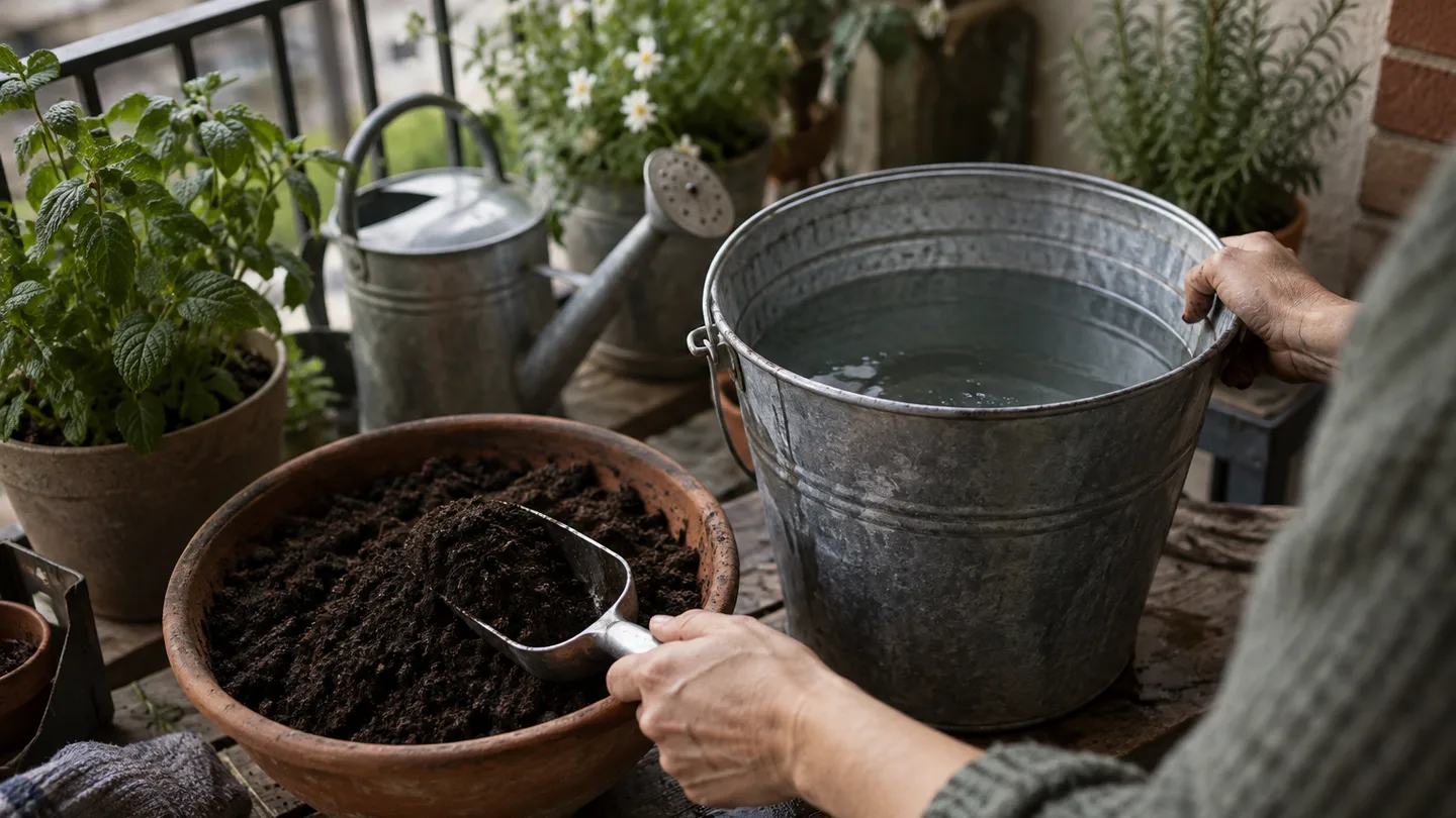 Measured compost and water sit beside a clean bucket on a balcony, ready for a small plant-feeding batch.
