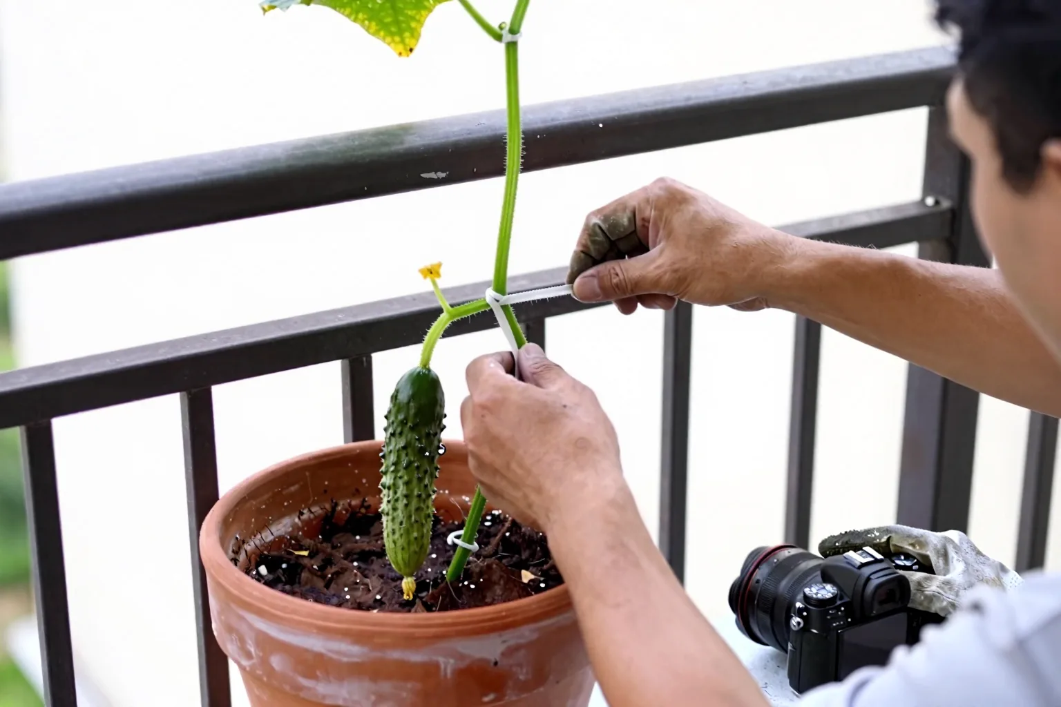 A tall trellis rising from a cucumber pot, fastened with ties to a metal balcony railing.