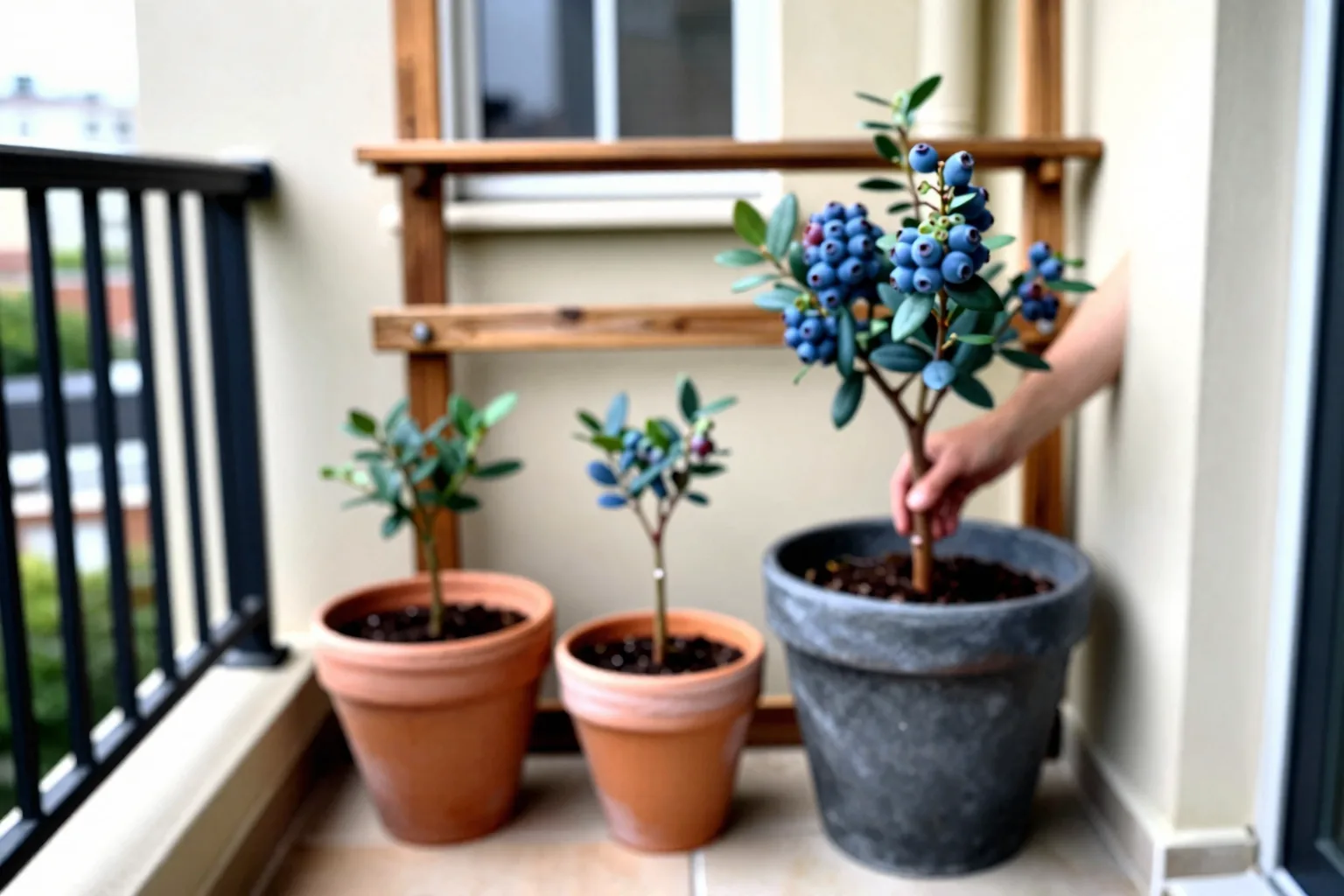 Deep patio containers with trellises beside a blueberry pot