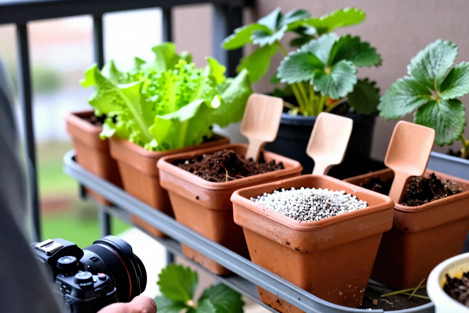 Three open pots display different potting mixes on a sunny balcony.