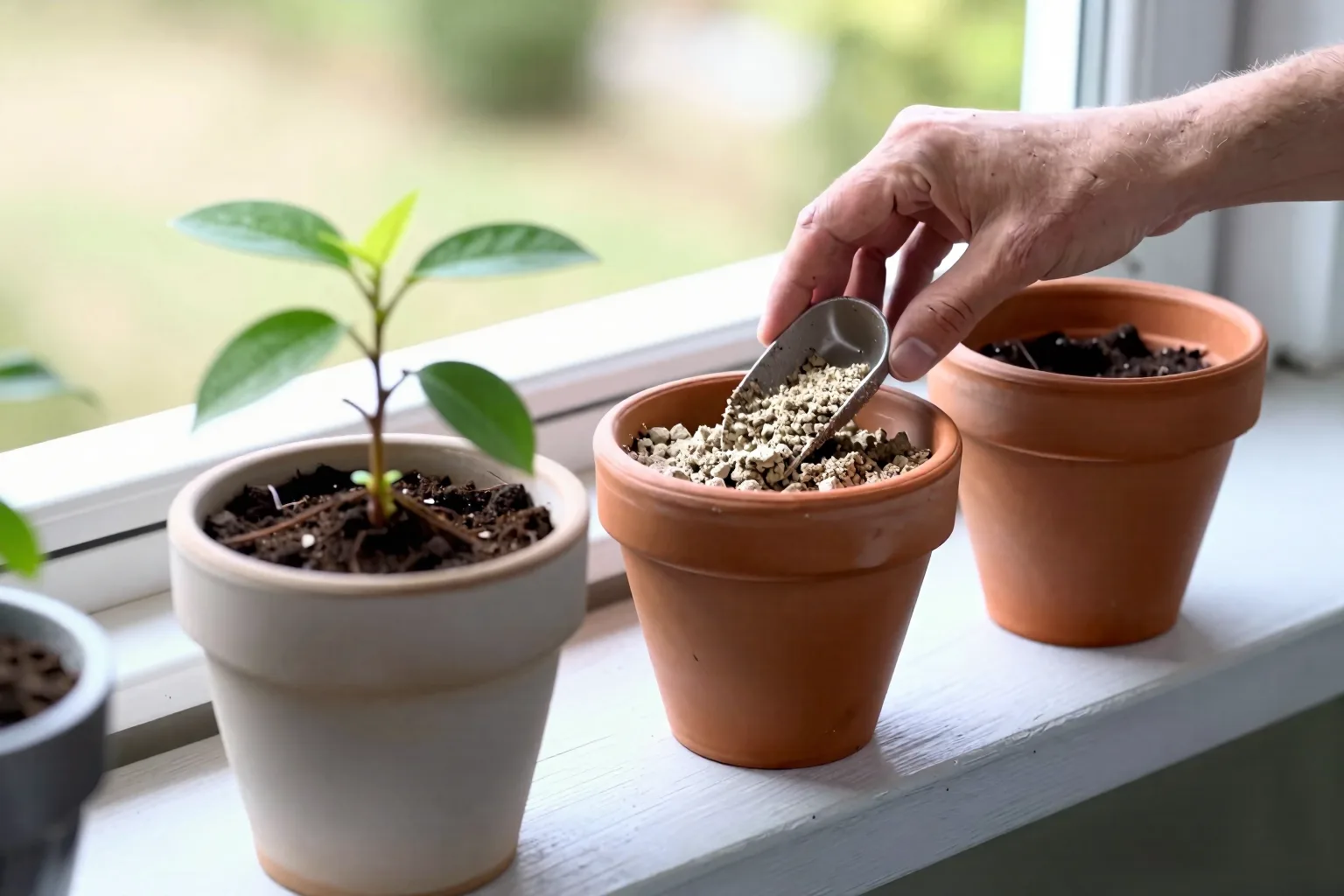 Plastic, glazed and terracotta containers sit in different parts of a balcony.