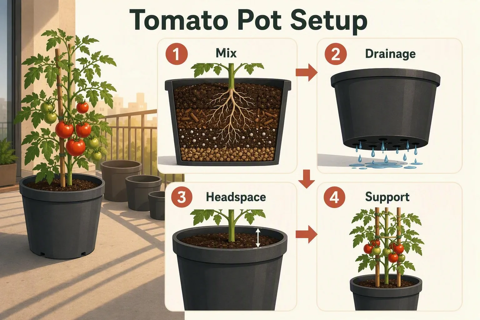 A cutaway pot shows tomato roots, potting mix, drainage holes, headspace and a support.