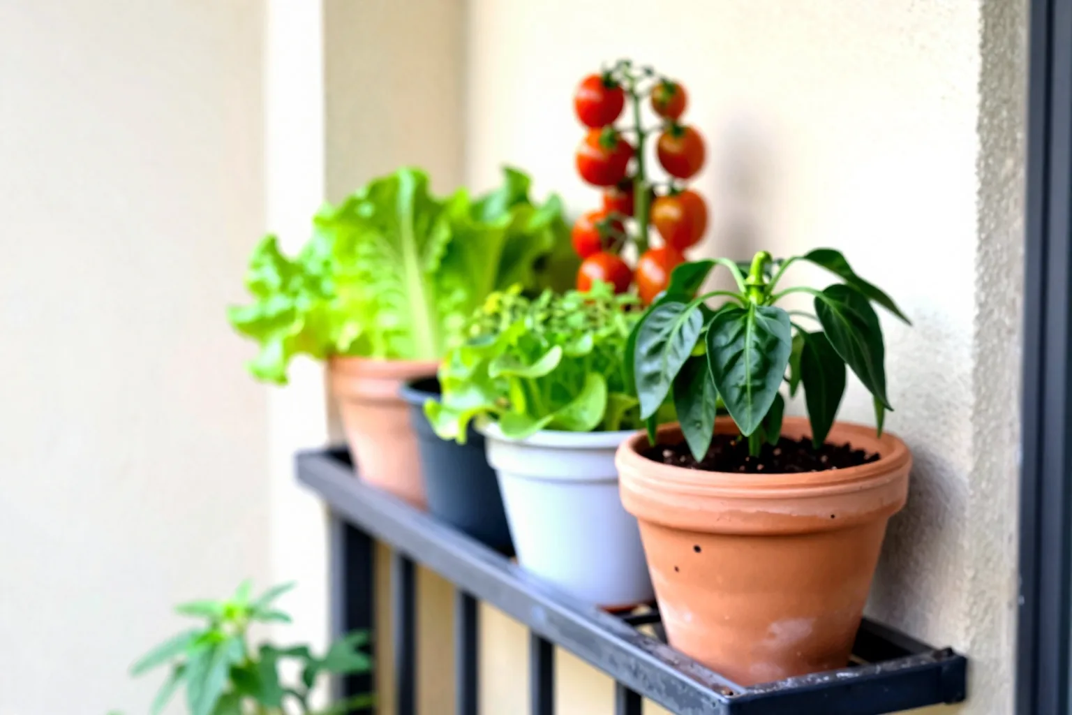 Several vegetable pots fit neatly on a small apartment balcony, showing how limited space can still produce food.