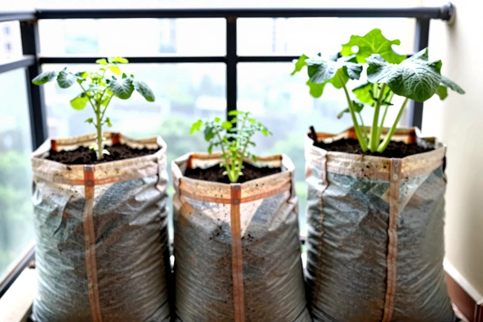 Wide potato grow bags showing stems covered with successive layers of mix.