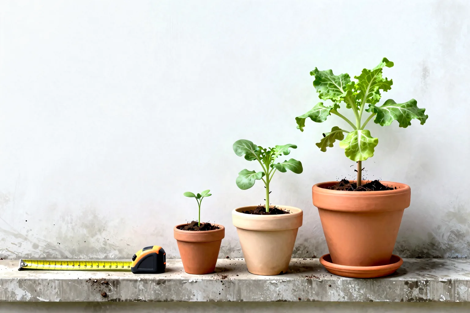 Three pots hold the same vegetable, with the largest plant visibly fuller than the stunted one.