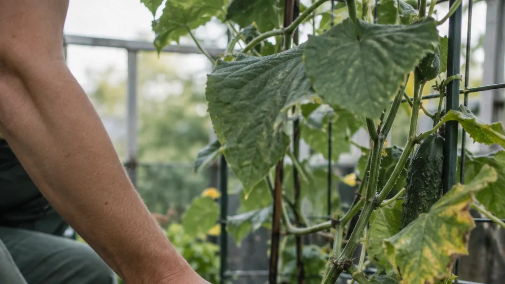 A waterlogged cucumber pot sits in a saucer of standing water, revealing a likely drainage problem.