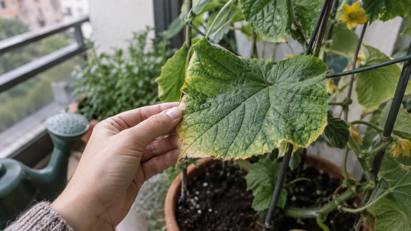 A hand turns a cucumber leaf to compare green veins with pale yellow patches before checking its growing conditions.