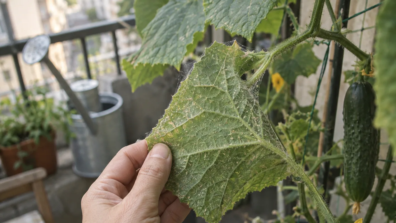 A hand lifts a cucumber leaf to reveal pale speckles and fine webbing beneath it.
