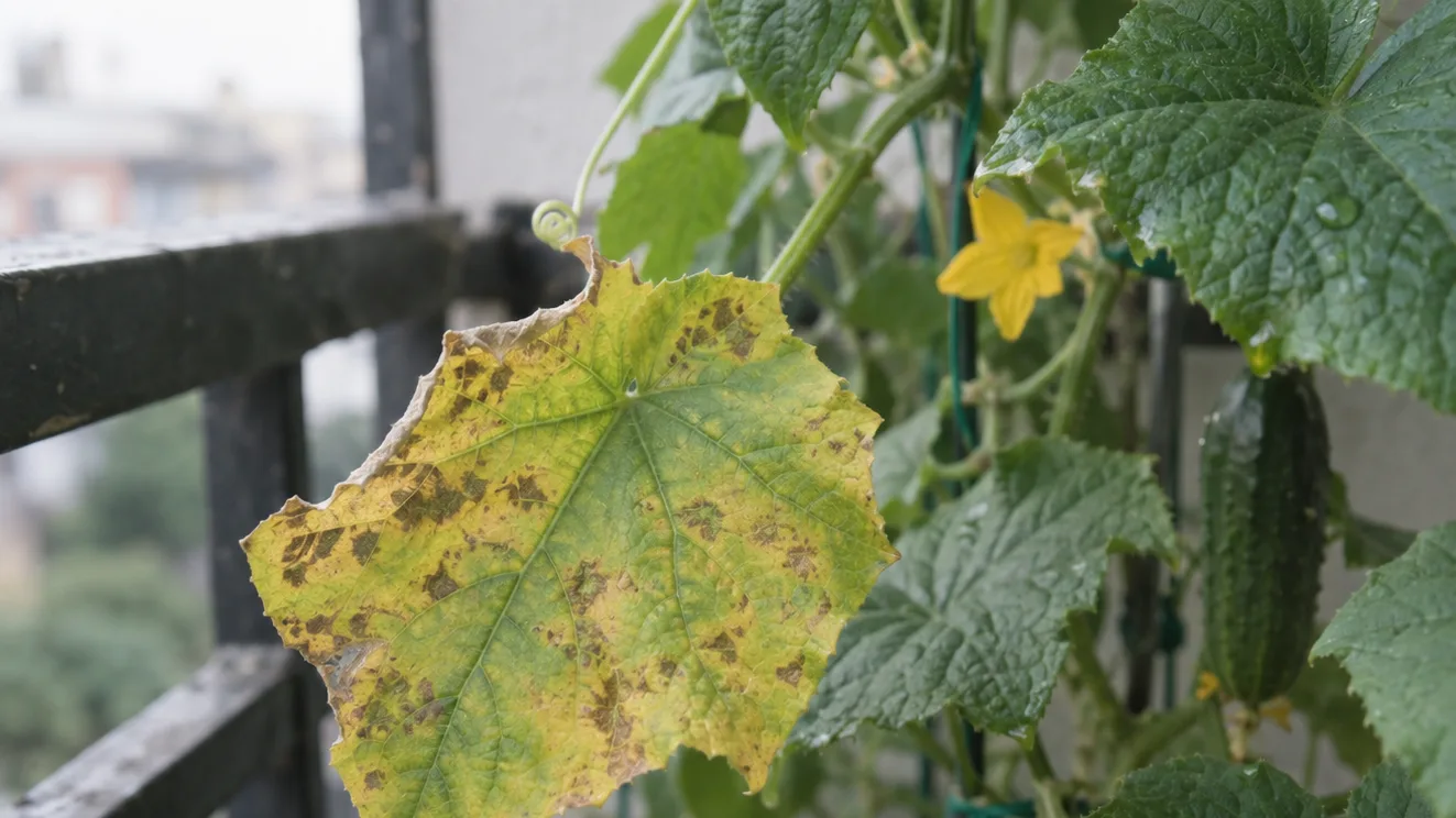 A spotted yellowing cucumber leaf hangs beside healthy green growth on a balcony trellis.