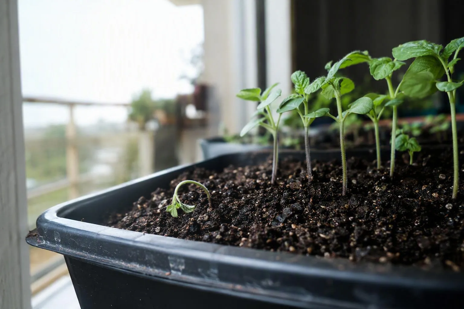 Seedling with a thin brown stem constricted at the soil line