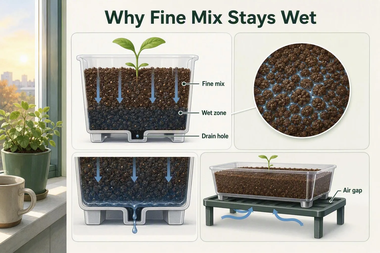 A cutaway seed tray shows a wet lower zone above drainage holes and the risk it creates for young seedlings.