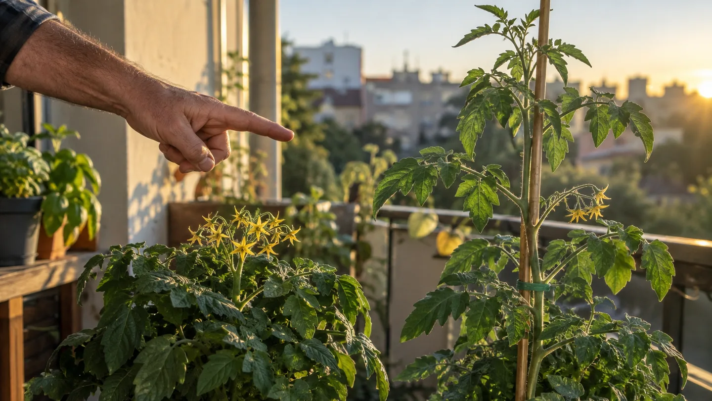 Two tomato growing tips show one ending in flowers while the other continues with fresh leafy growth.
