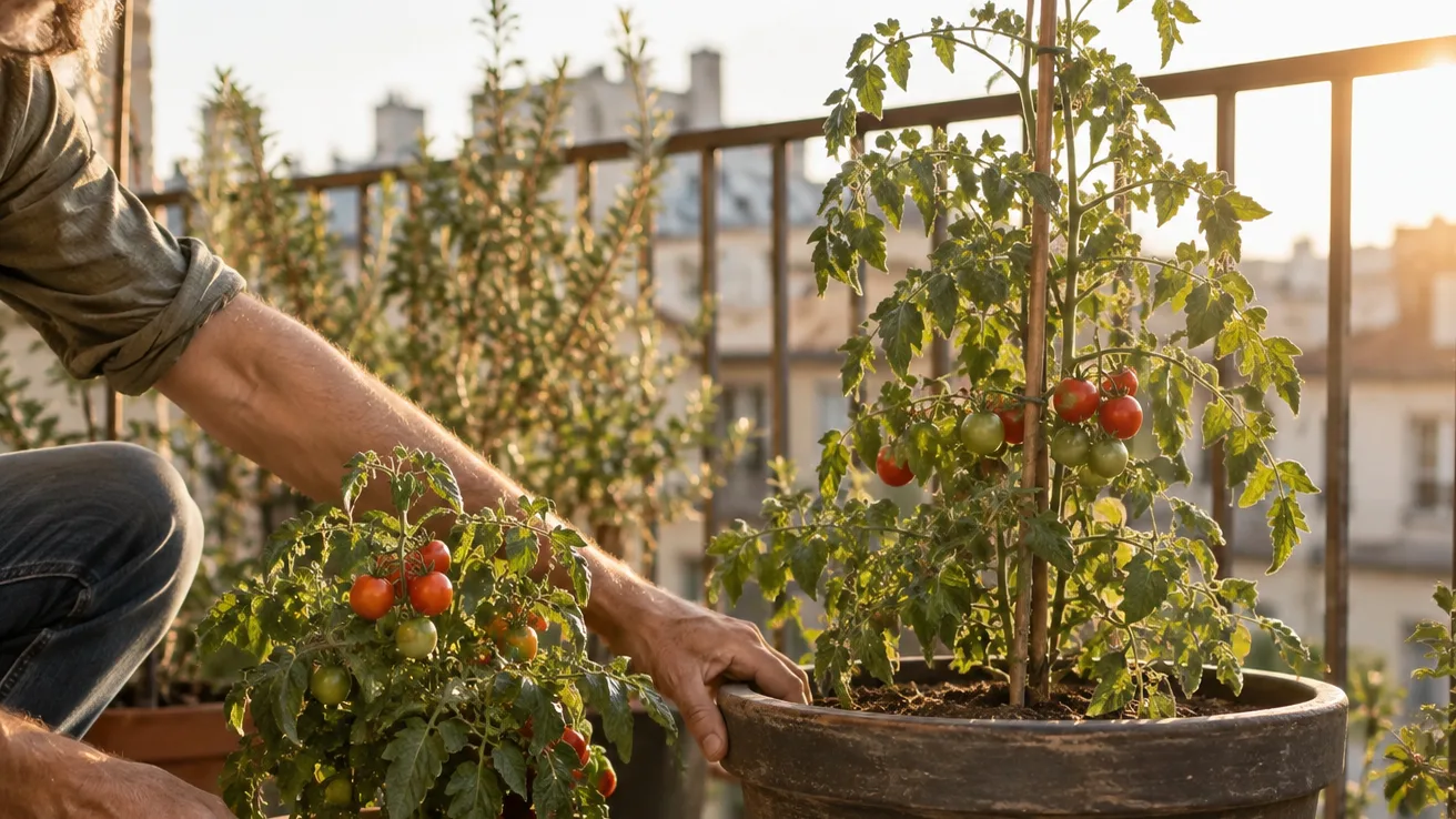 Two differently sized tomato pots show the smaller home for a bush plant and the deeper space needed by a staked climber.