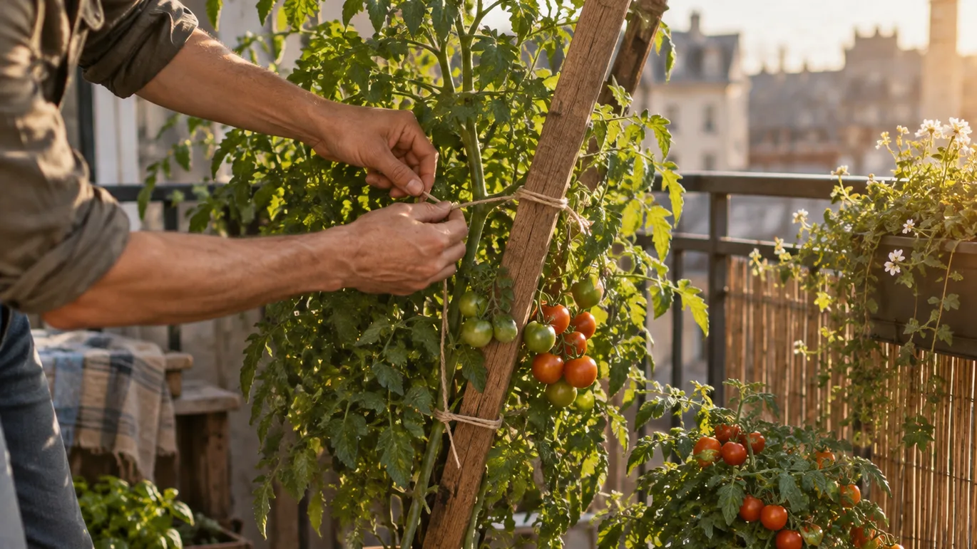 Hands tie a tall tomato plant to a brace beside a shorter potted plant on a sunny balcony.