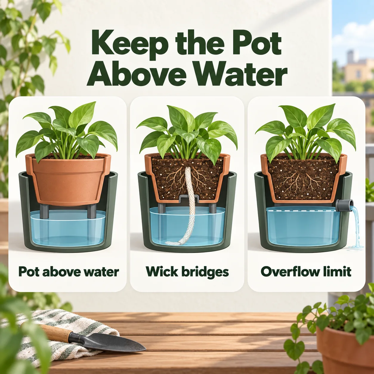 A cutaway shows a pot above the reservoir waterline, with a wick carrying water upward and an overflow outlet setting the top