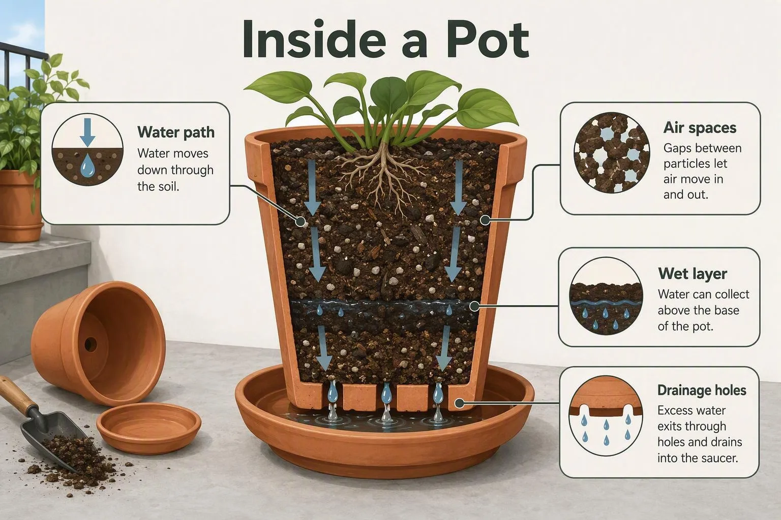A cutaway pot shows water flow, air pockets, a wet lower layer, and how outlet holes release excess water.